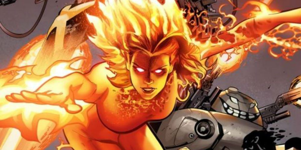 Magma from the New Mutants using her mutant abilities to destroy robots
