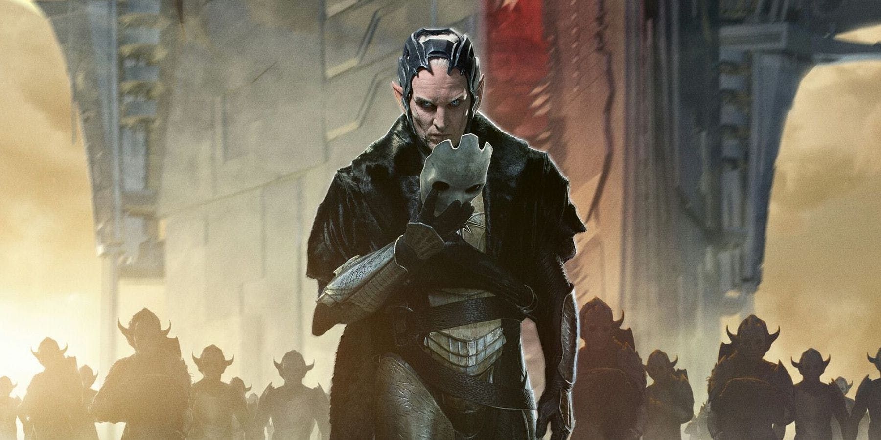 Malekith, Thor: The Dark World's primary antagonist walking and holding a mask.