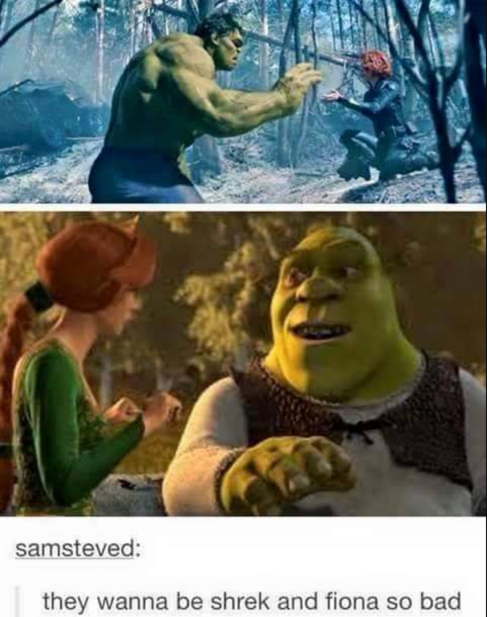 Black Widow and Hulk try to be Fiona and Shrek