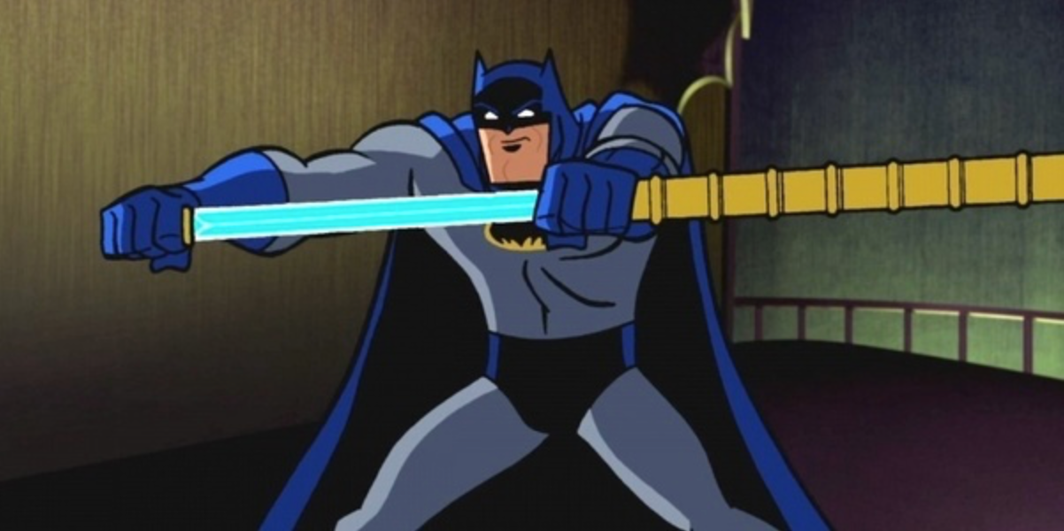 batman wielding a bright blue saber 