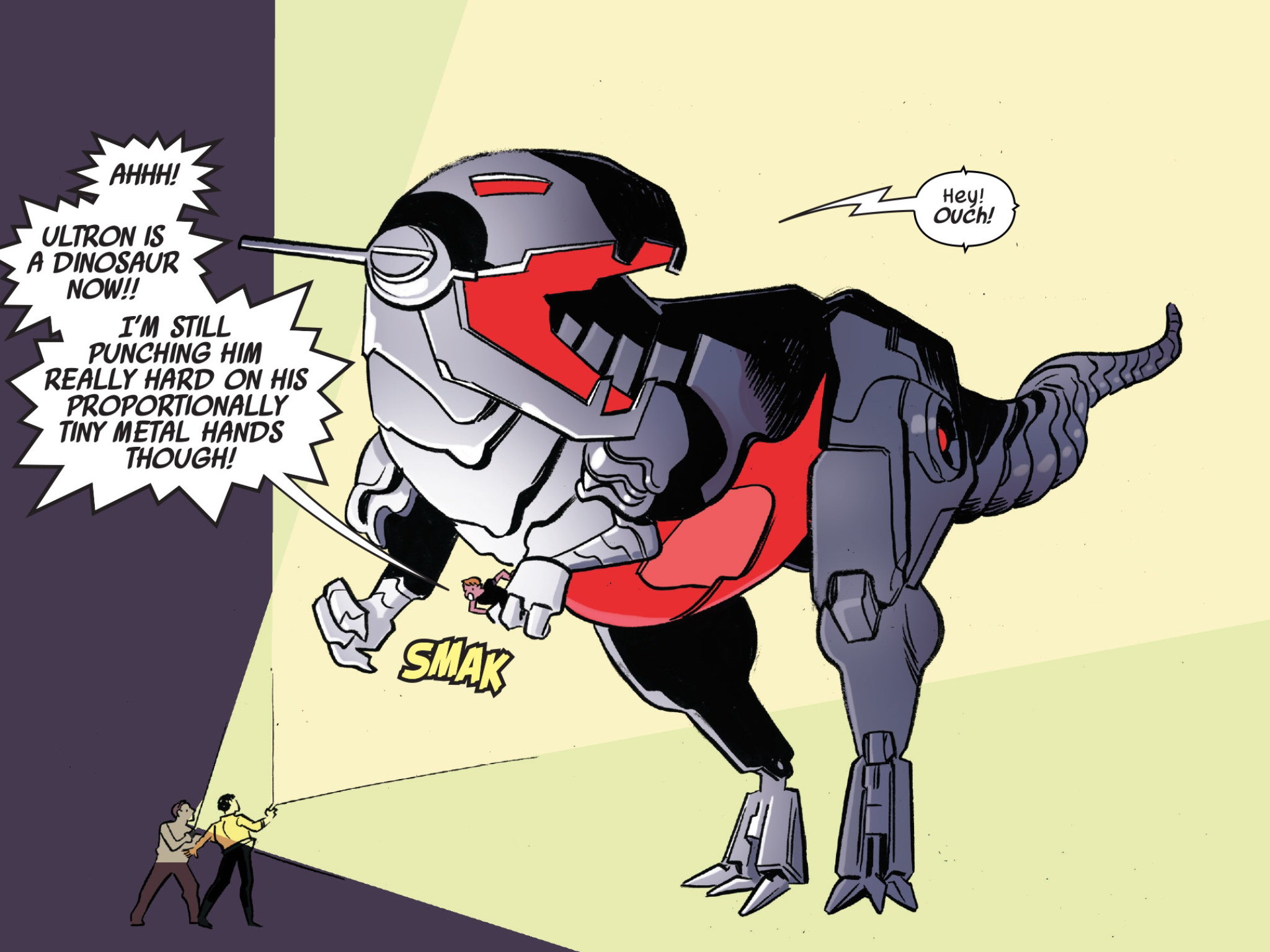 Dinosaur Ultron holds Squirrel Girl in its tiny tyrannosaurus hands, while she punches him, to no effect