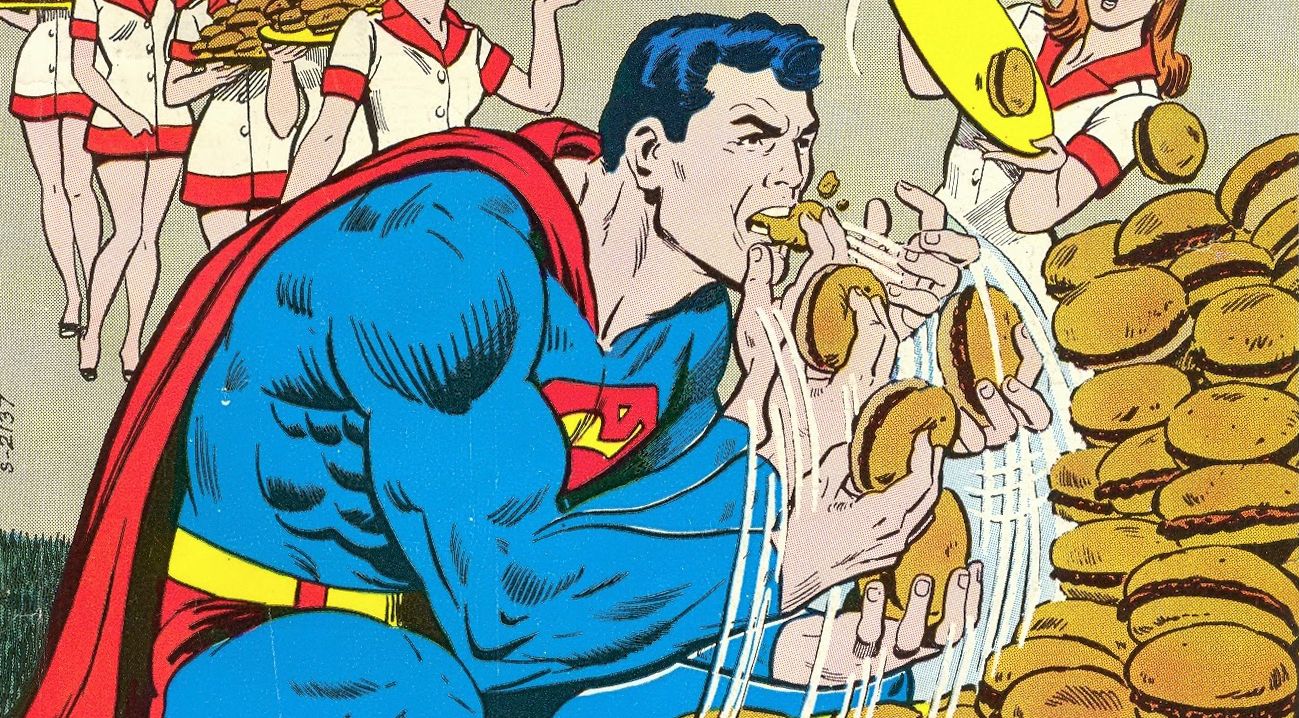 Superman stuffing burgers into his mouth
