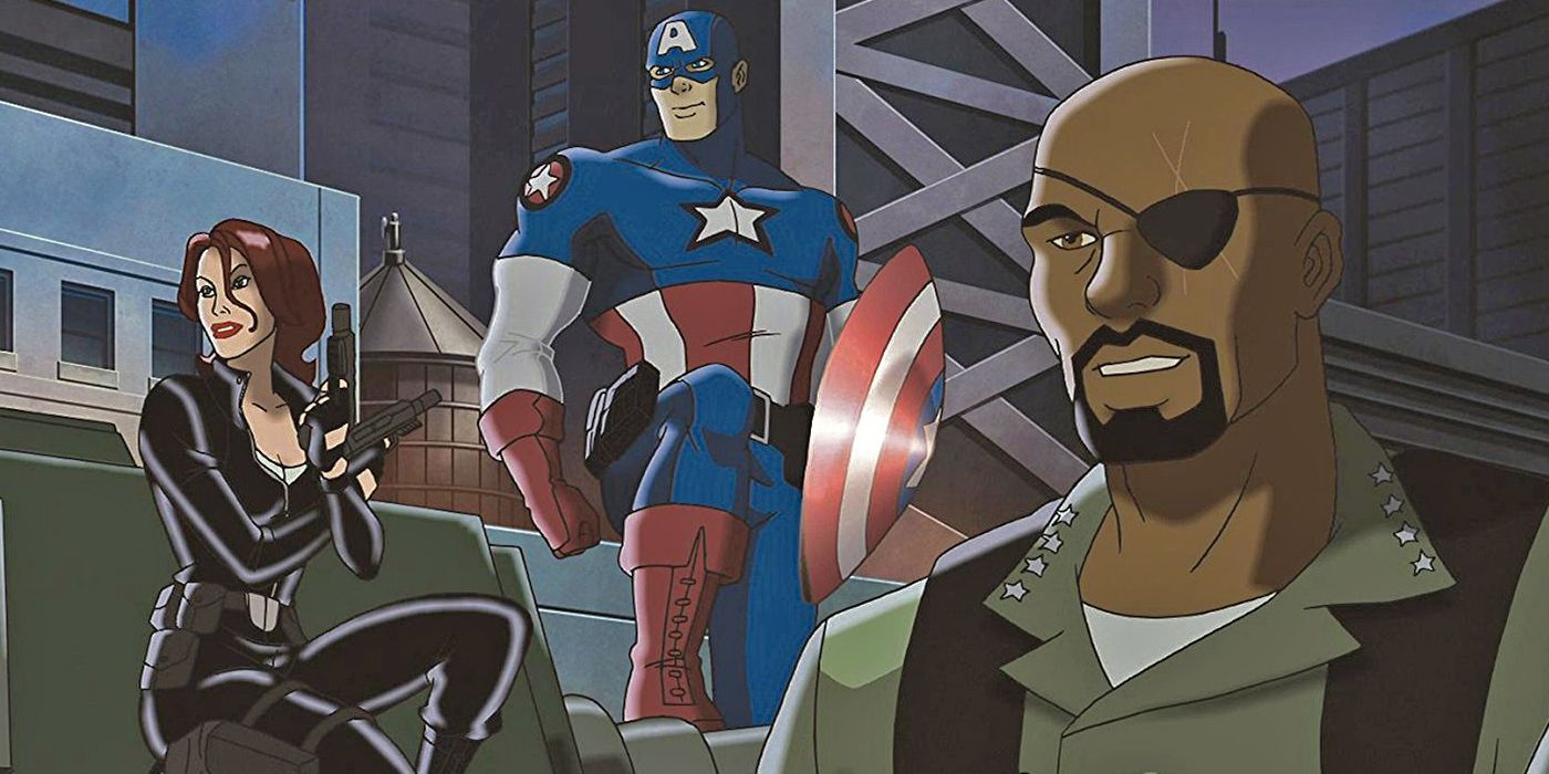 An image of Nick Fury, Black Widow, and Captain America from Ultimate Avengers: The Movie