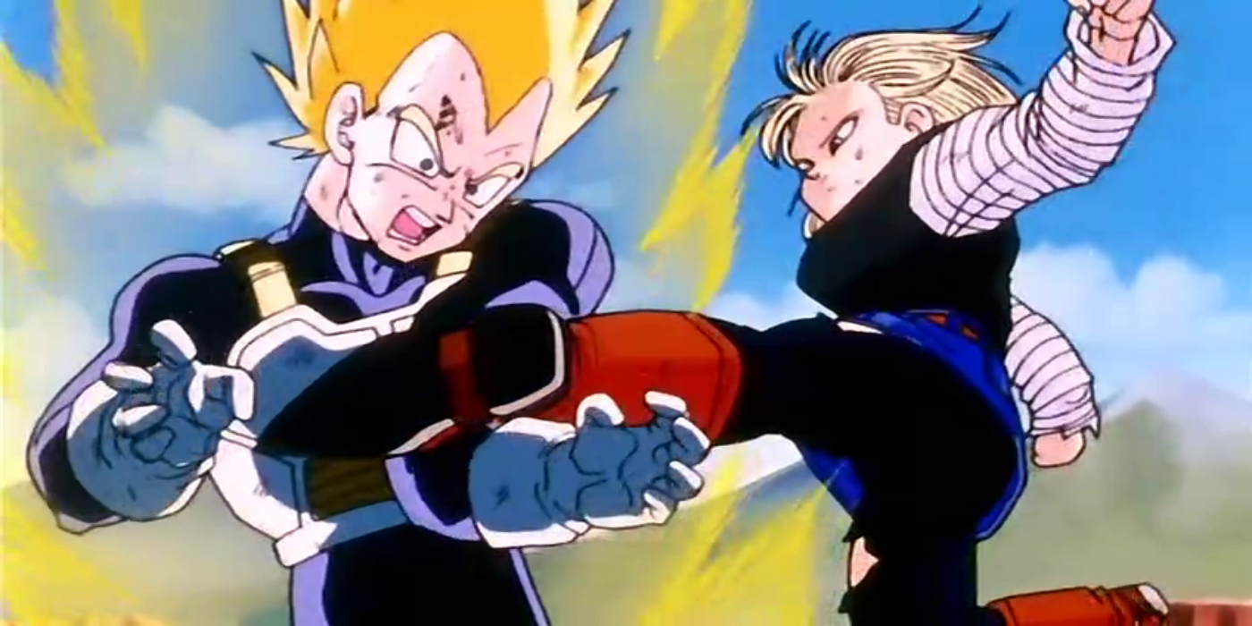 Android 18 kicking Vegeta in battle from Dragon Ball