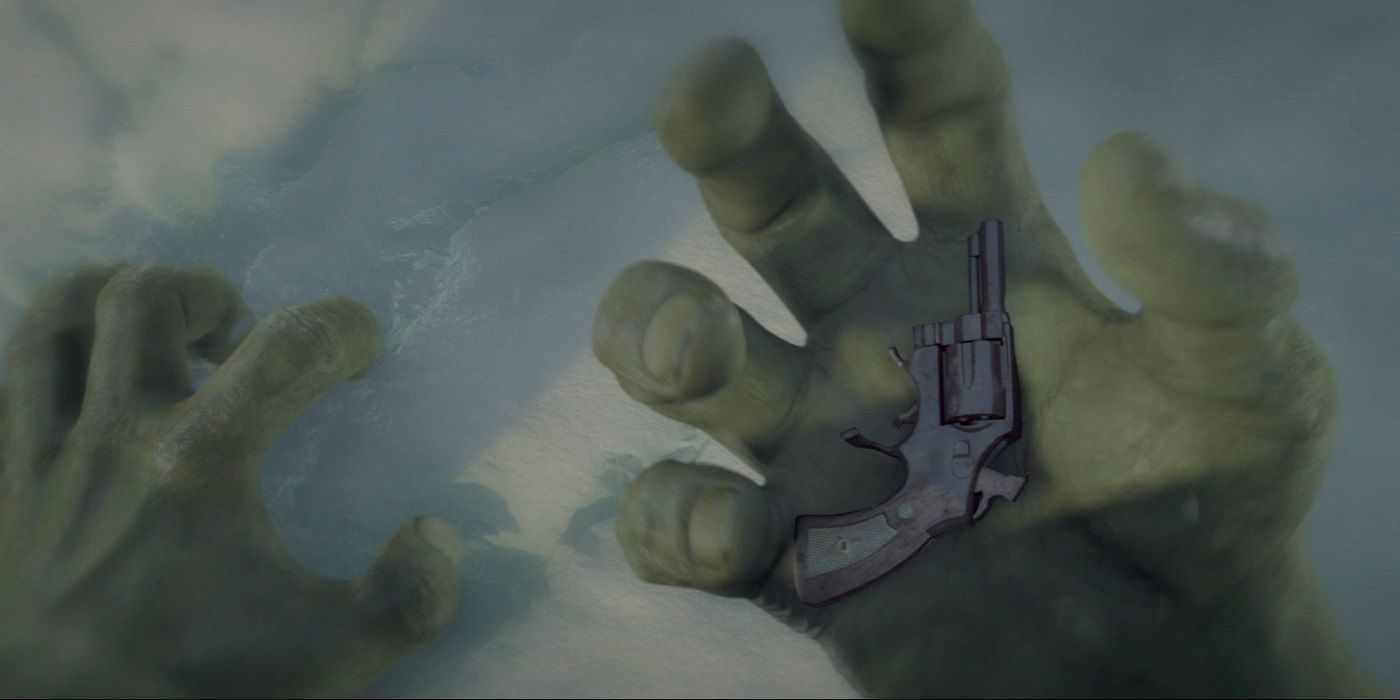 Hulk's hand holding a revolver after Bruce Banner tried to end his life
