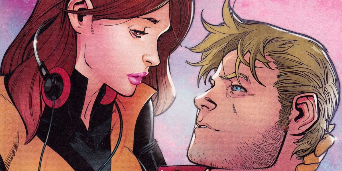 Kitty Pryde and Star-Lord looking at each other