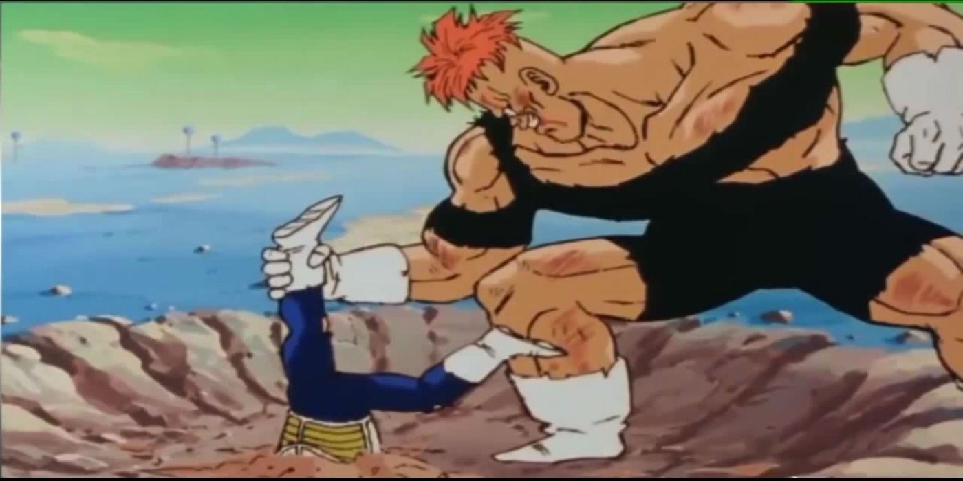 Recoome beats up Vegeta and pulls him out of the ground in Dragon Ball Z