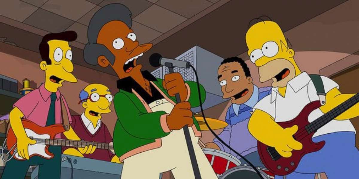 Apu sings in a garage band in The Simpsons