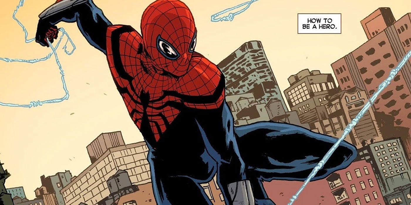 Superior Spider-Man swinging through the city