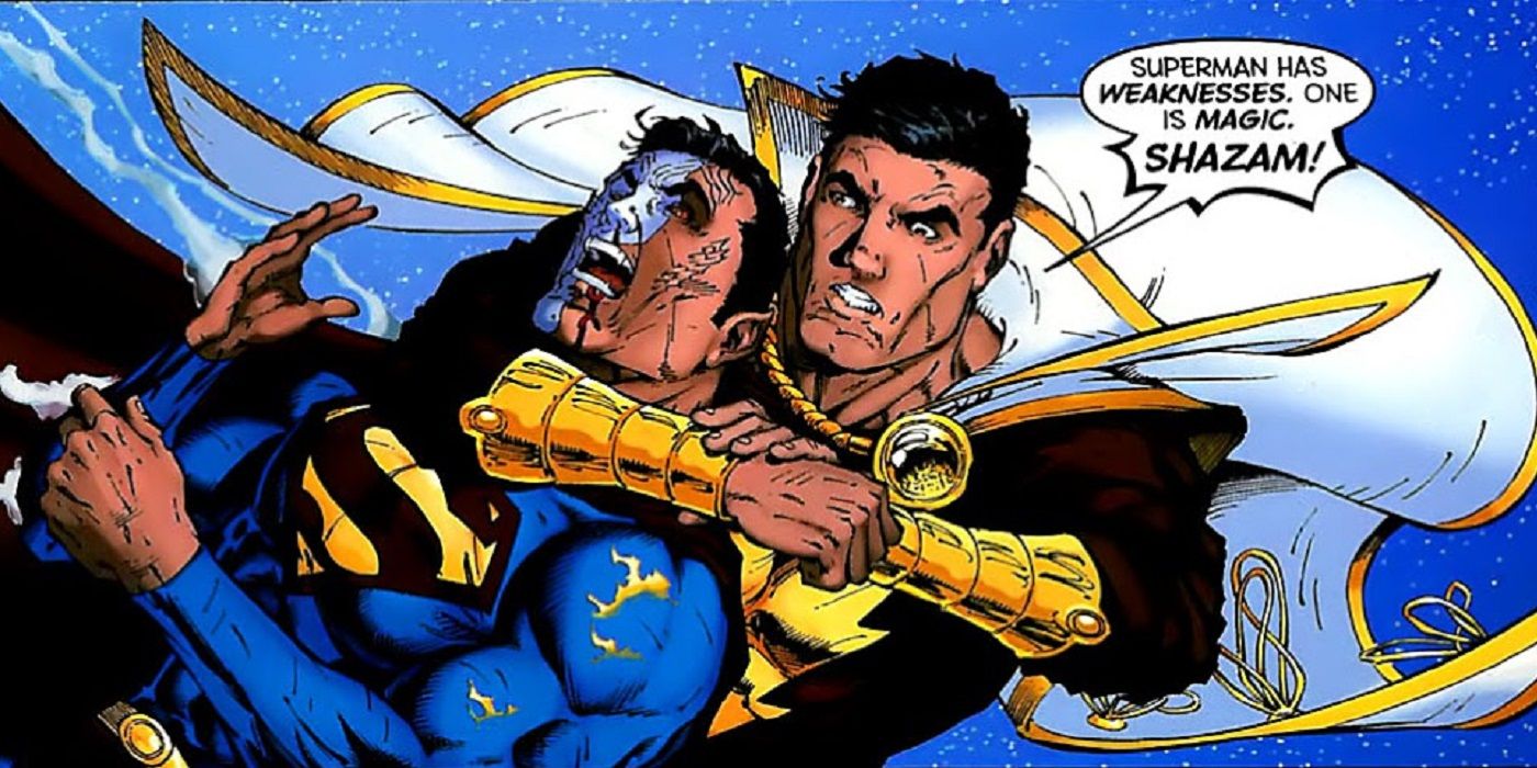 Shazam fighting an Eclipso-possessed Superman using his vulnerability to magic