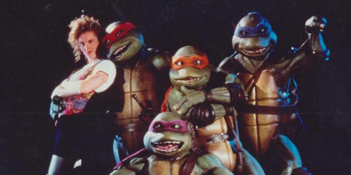 1990's live-action TMNT posing with April O'Neil.