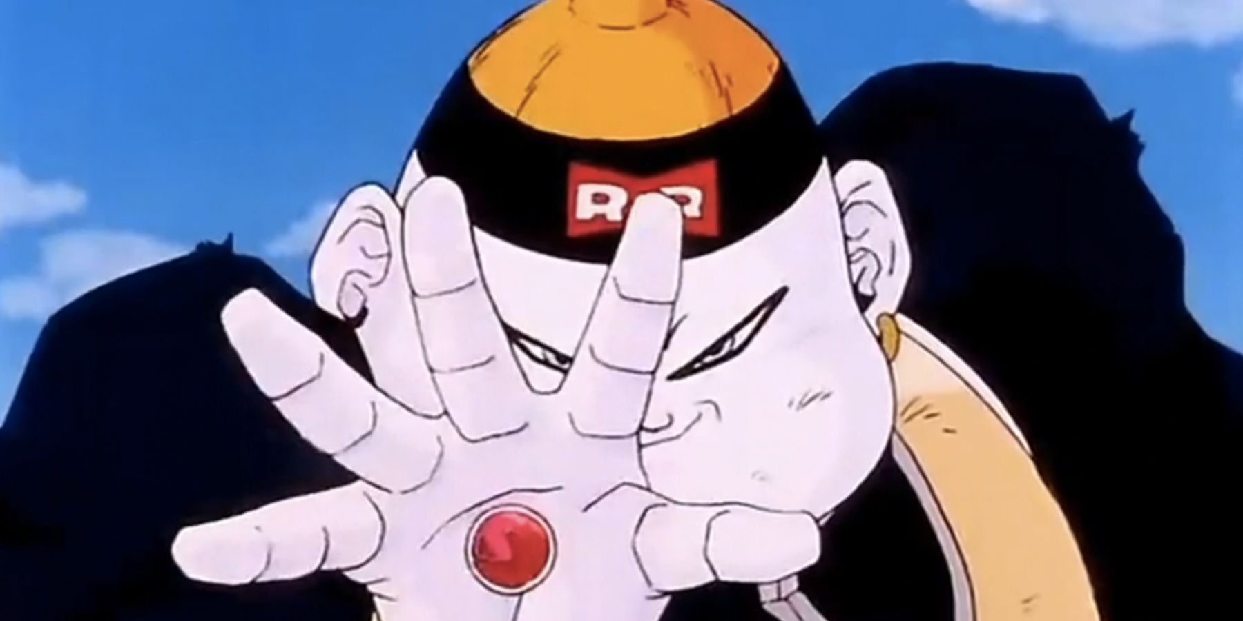 Android 19 gets ready to absorb energy in Dragon Ball Z.