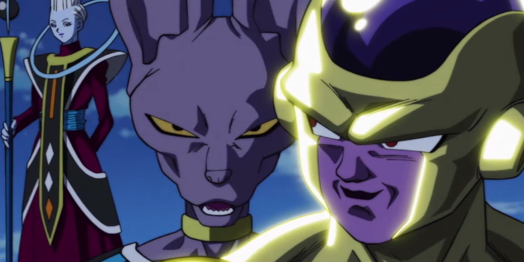 Frieza, Beerus, and Whis stand together in Dragon Ball.