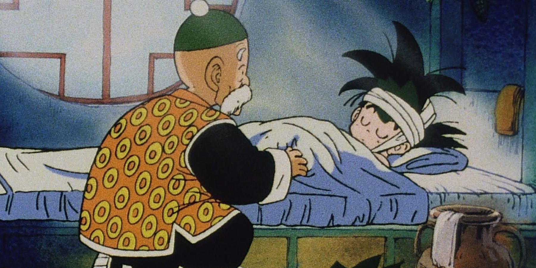 Vovô Gohan cuida dos ferimentos de Goku depois que ele caiu de cabeça em Dragon Ball.