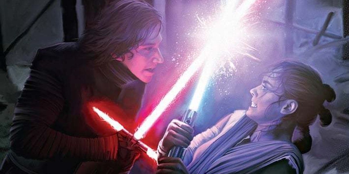 Rey and Kylo fight in The Force Awakens