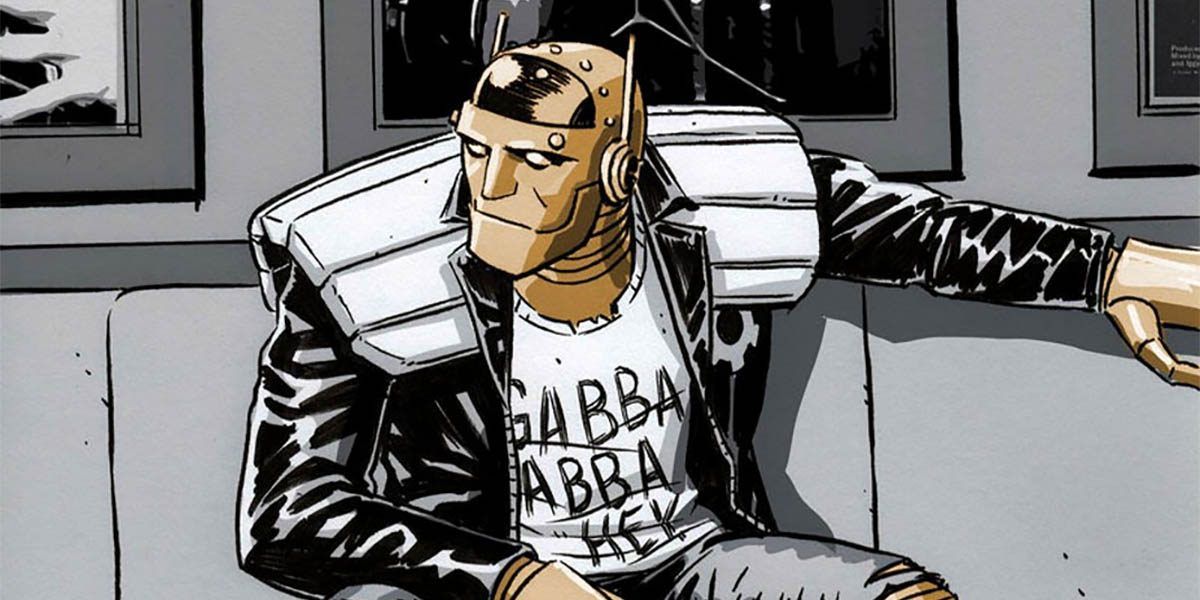 Robotman from Doom Patrol sitting down and relaxing