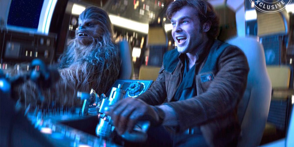 Han Solo and Chewbacca pilot the Millennium Falcon in Solo: A Star Wars Story