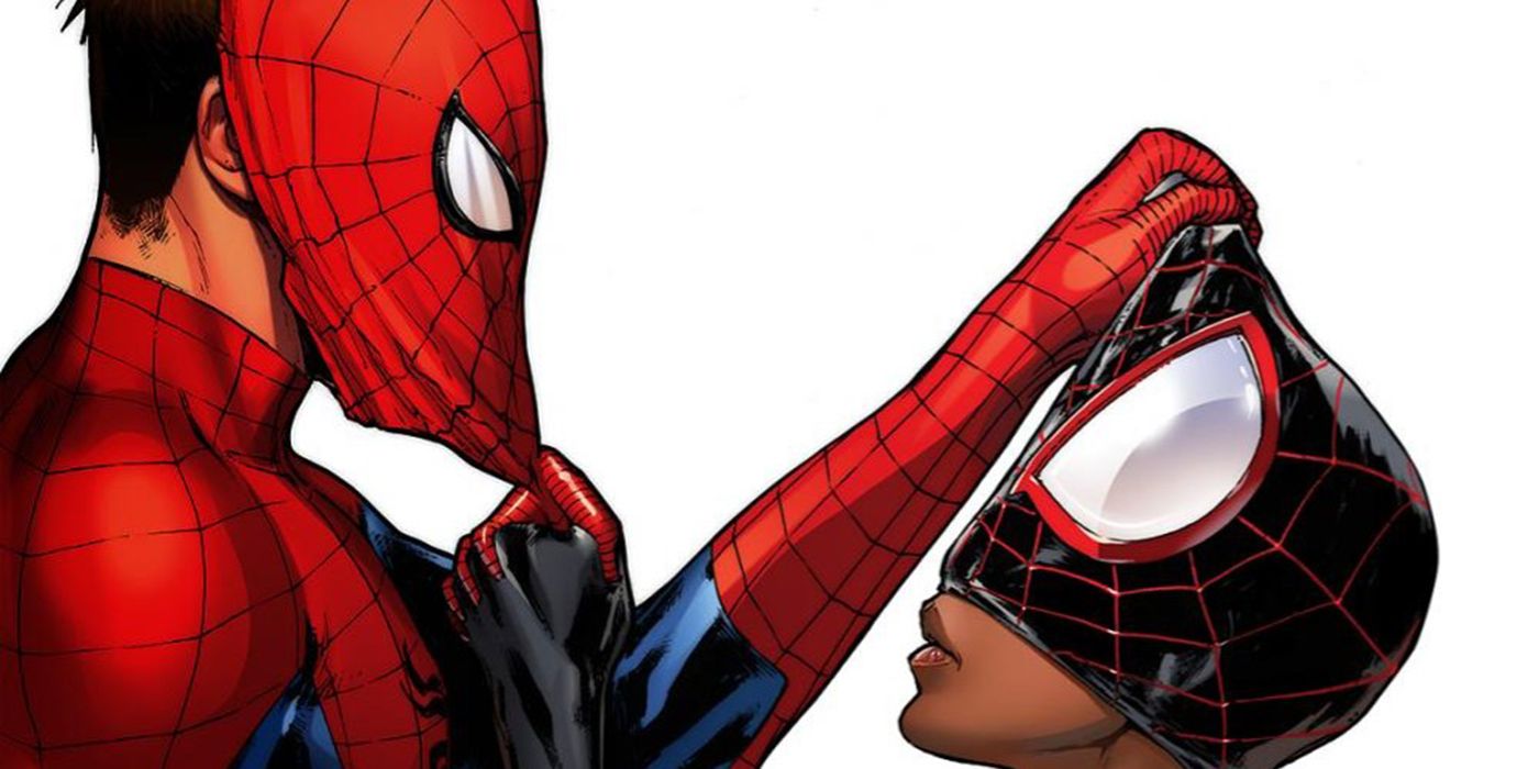 Miles Morales tries to unmask Spider-Man, while Spider-Man unmasks Miles.