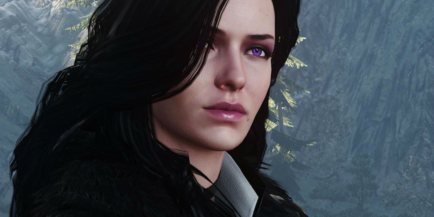 Yennefer of Vengerberg standing against the trees in The Witcher 3: The Wild Hunt