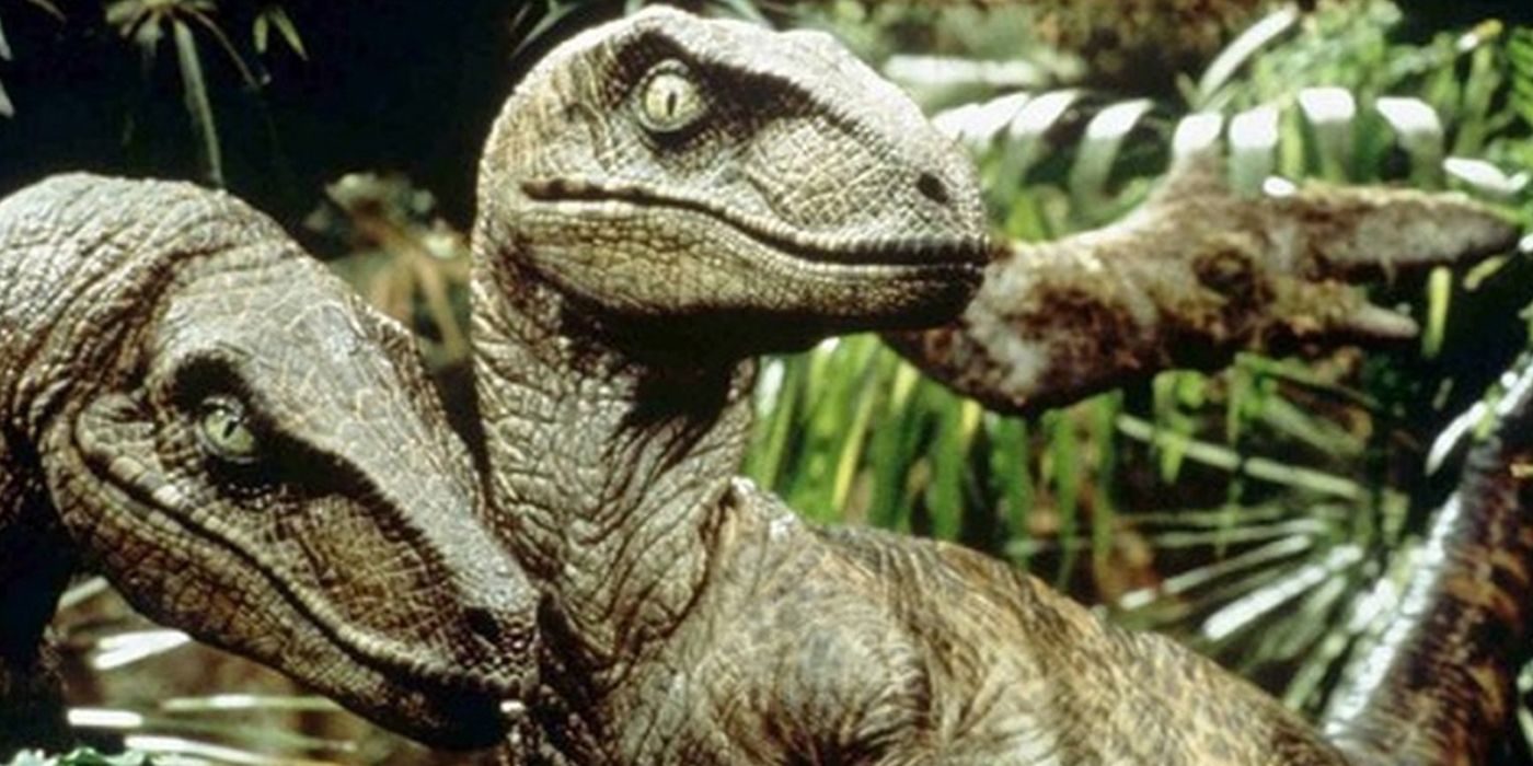 Two clever velociraptors amidst palm fronds and tree branches in Jurassic Park.