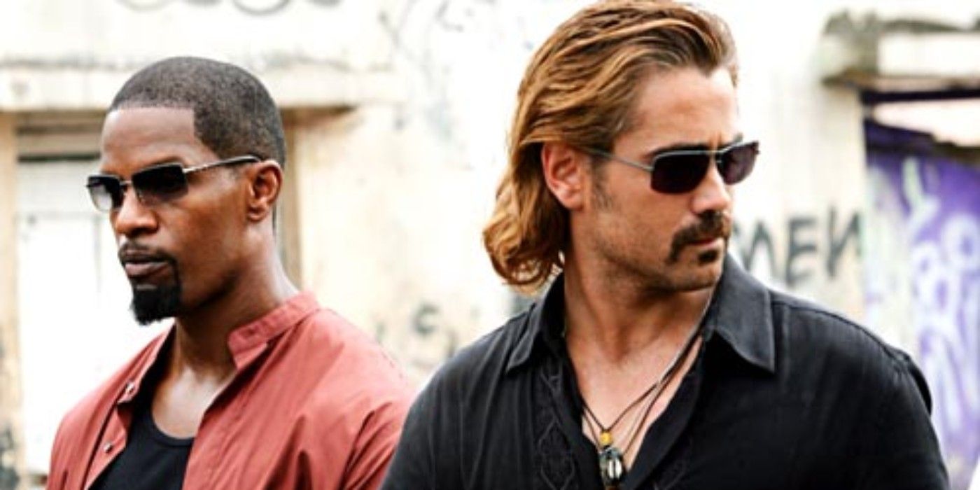 Jamie Fox and Colin Farrell walk down a street, shades on in Michael Mann's Miami Vice