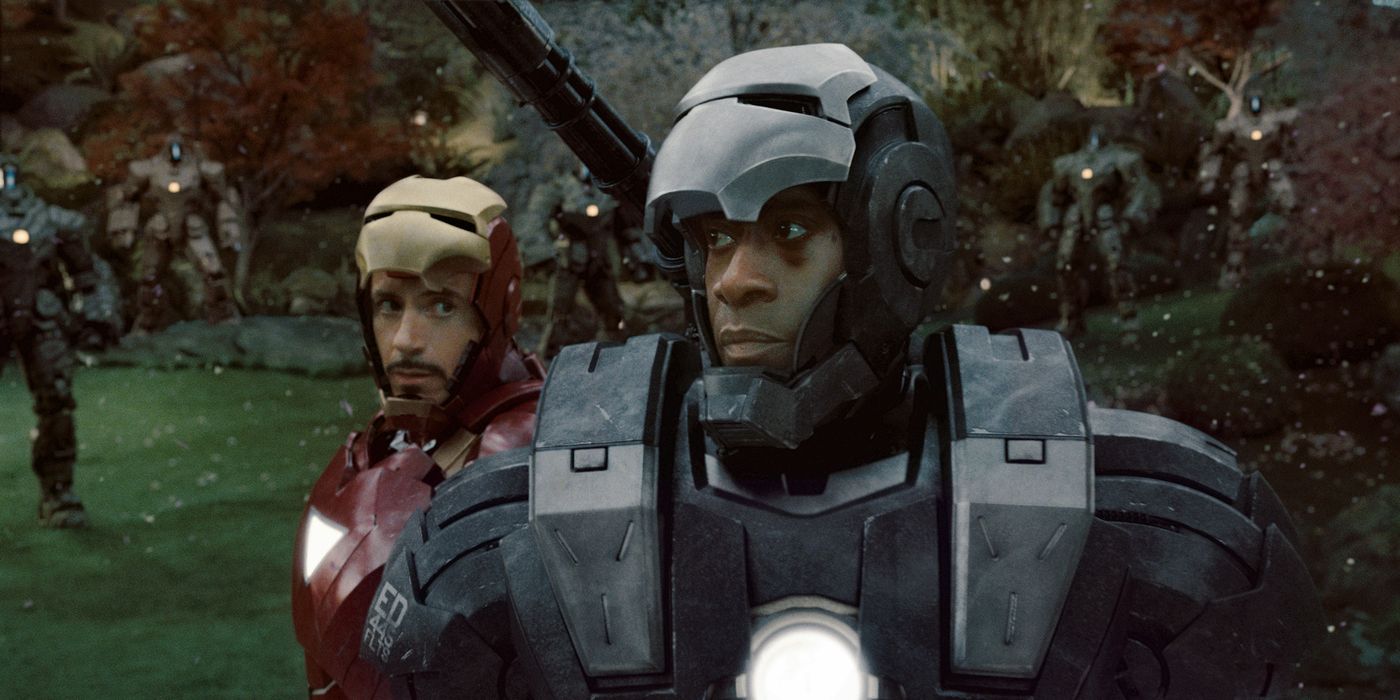 Iron Man and War Machine facing off against an army of Hammer drones