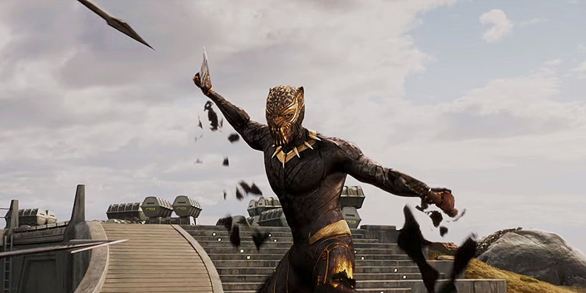 Killmonger in his black and gold armor in Black Panther