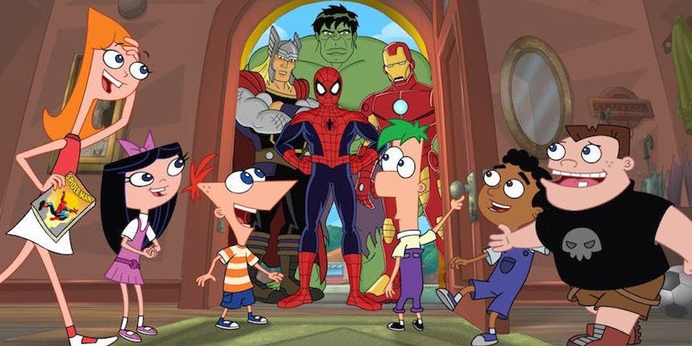 phineas, ferb, candace, isabella, buford and baljeet are excited to meet spider-man, iron man, thor, and the hulk at their front door