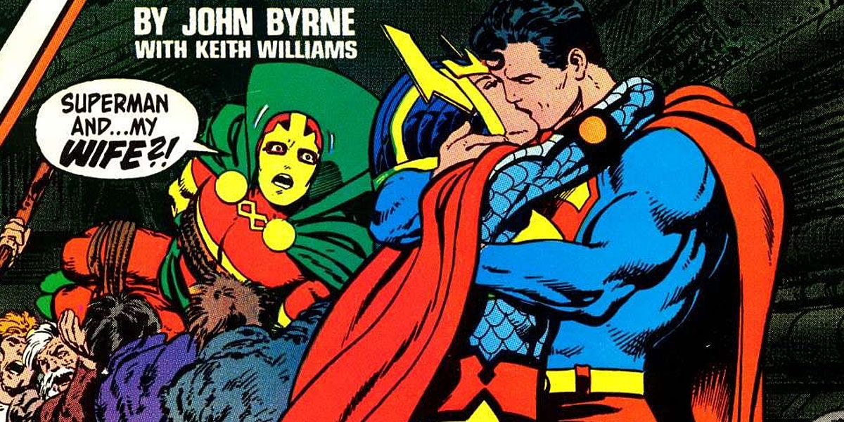 An image of comic art depicting Superman kissing Big Barda