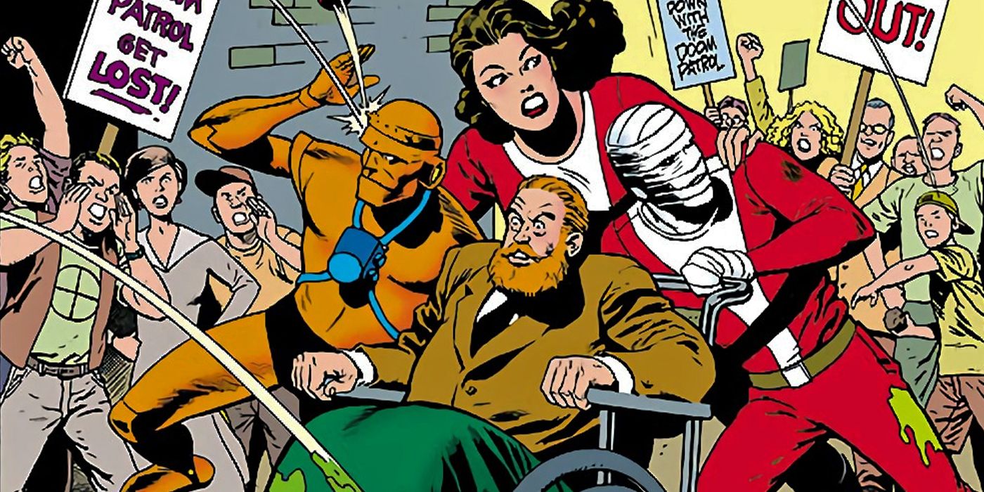 The Doom Patro, including Robotman, Crazy Jane, Negative Man, and the Chief in a protest in DC Comics Silver Age