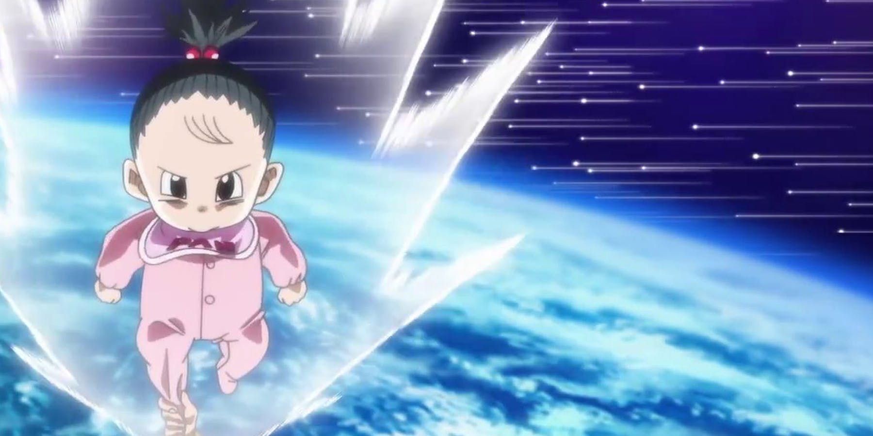 An infant Pan flies above Earth's atmosphere in Dragon Ball Super