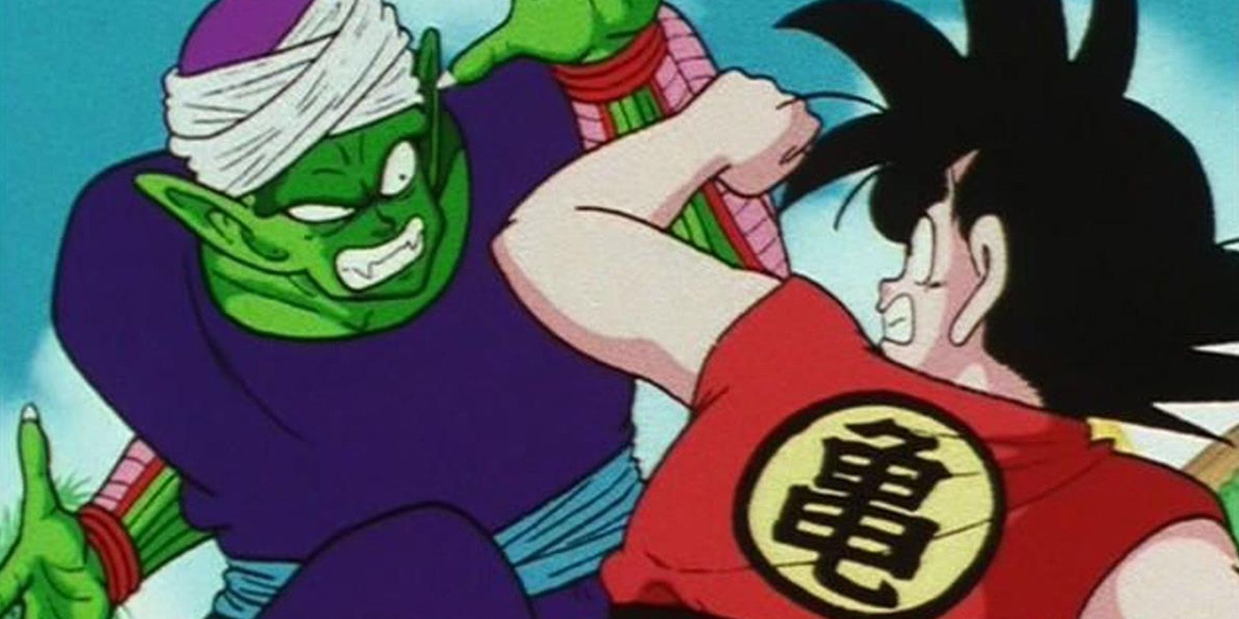 Piccolo and Goku block each other's hit in the early stages of their World Martial Arts Tournament fight in Dragon Ball