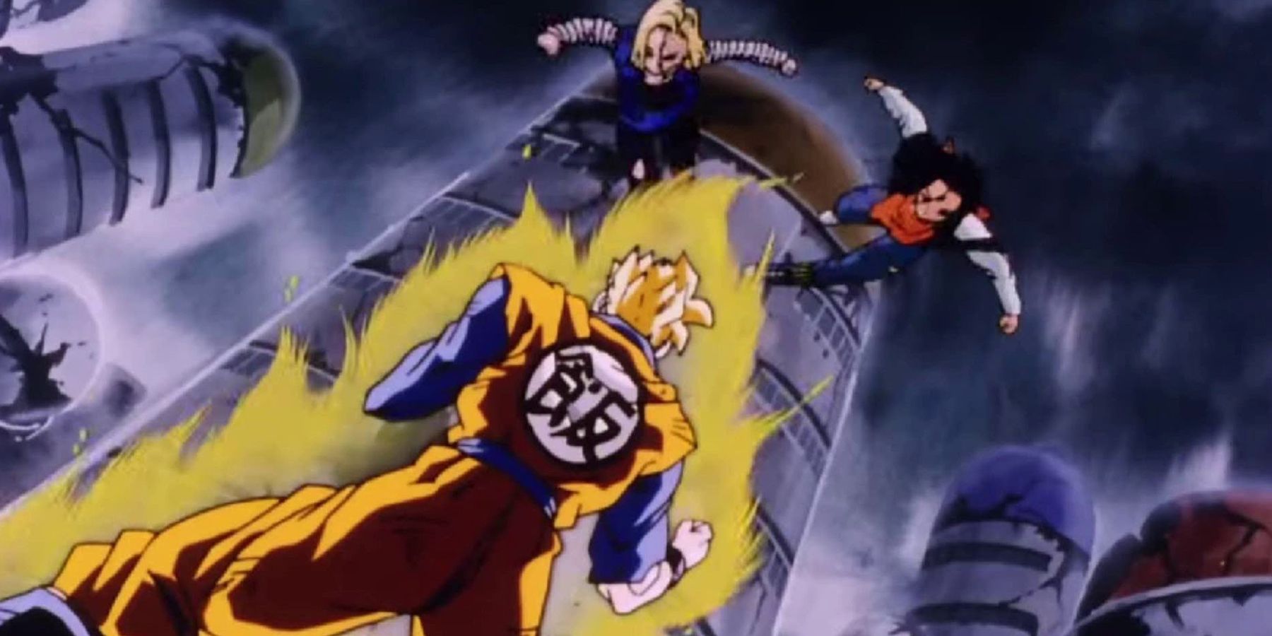 Futuro Gohan enfrenta Futuros Androides 17 e 18 em Dragon Ball Z: The History of Trunks.