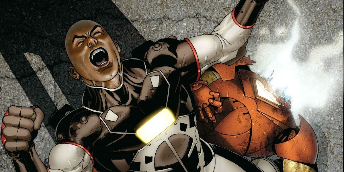 An image of comic art depicting Ezekiel Stane shouting in triumph over Iron Man's defeat