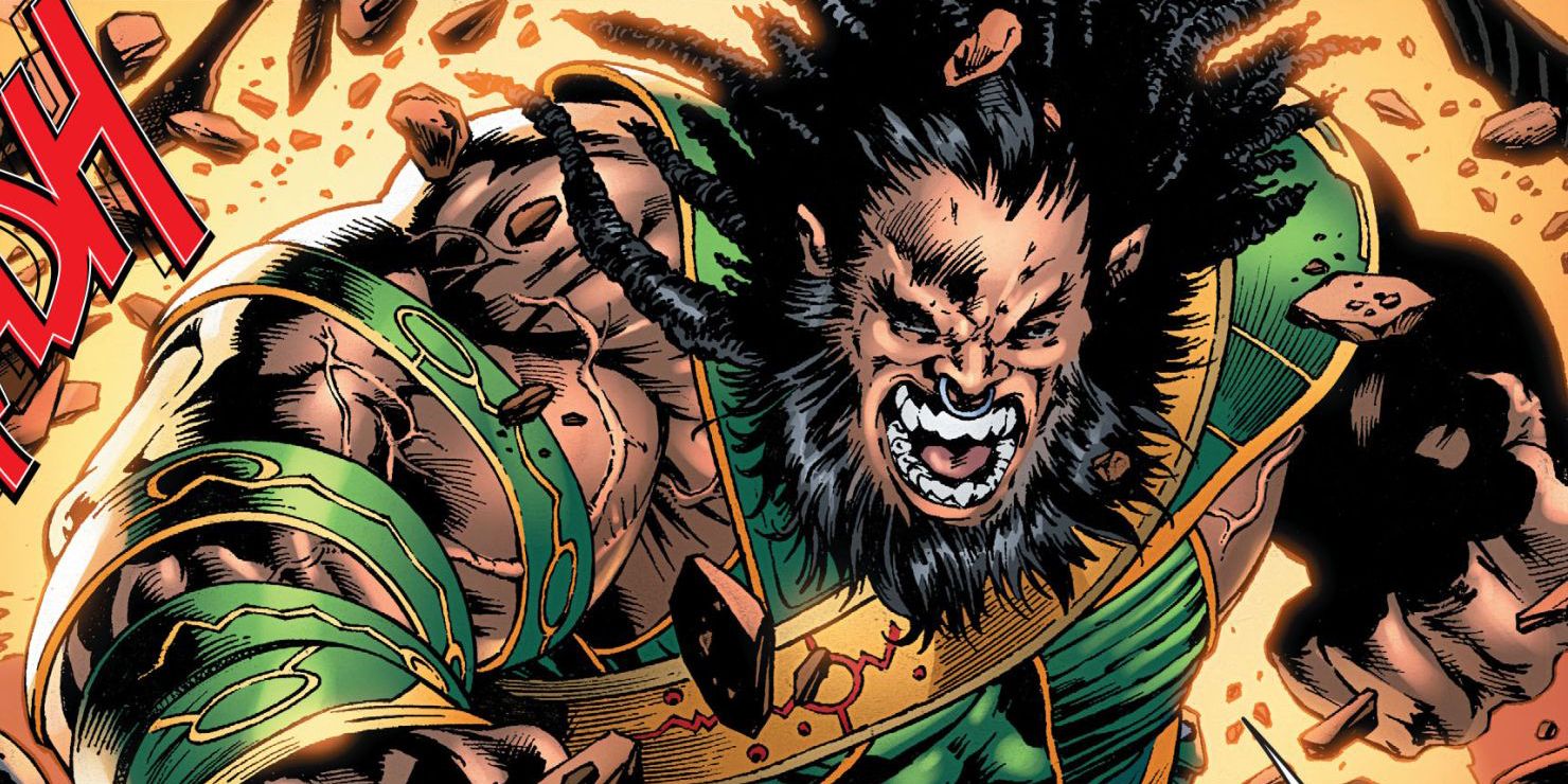 Kalibak smashing rock into rubble in DC Comics.
