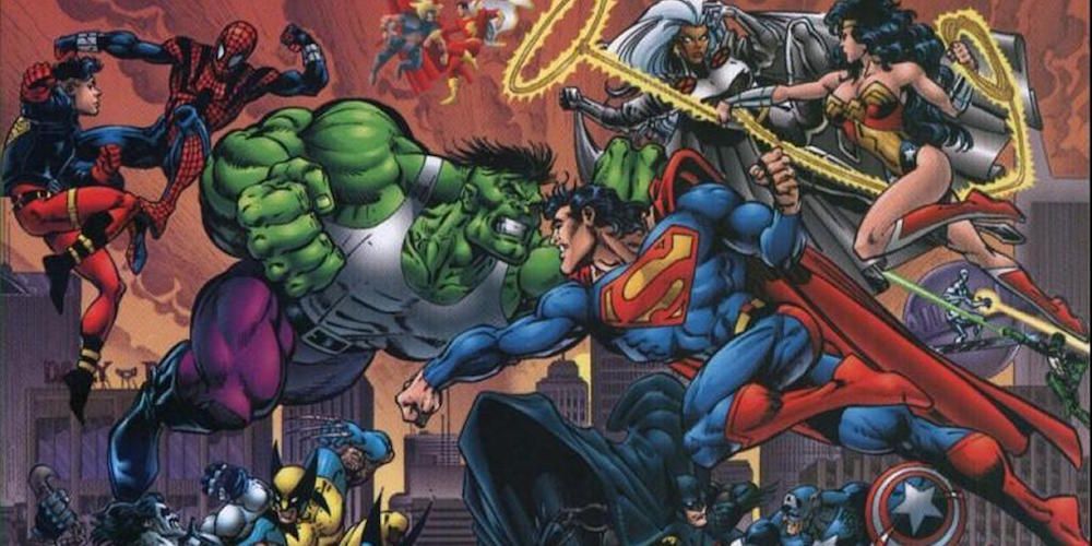 Marvel and DC heroes fighting each other in a crossover, including Superman fighting Hulk and Wonder Woman fighting Storm.
