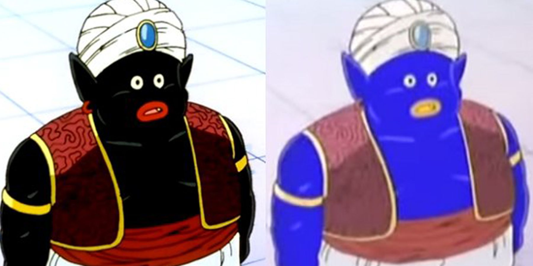Mr. Popo's black (similar to minstrel makeup) and blue in the Japanese and USA anime, respectively