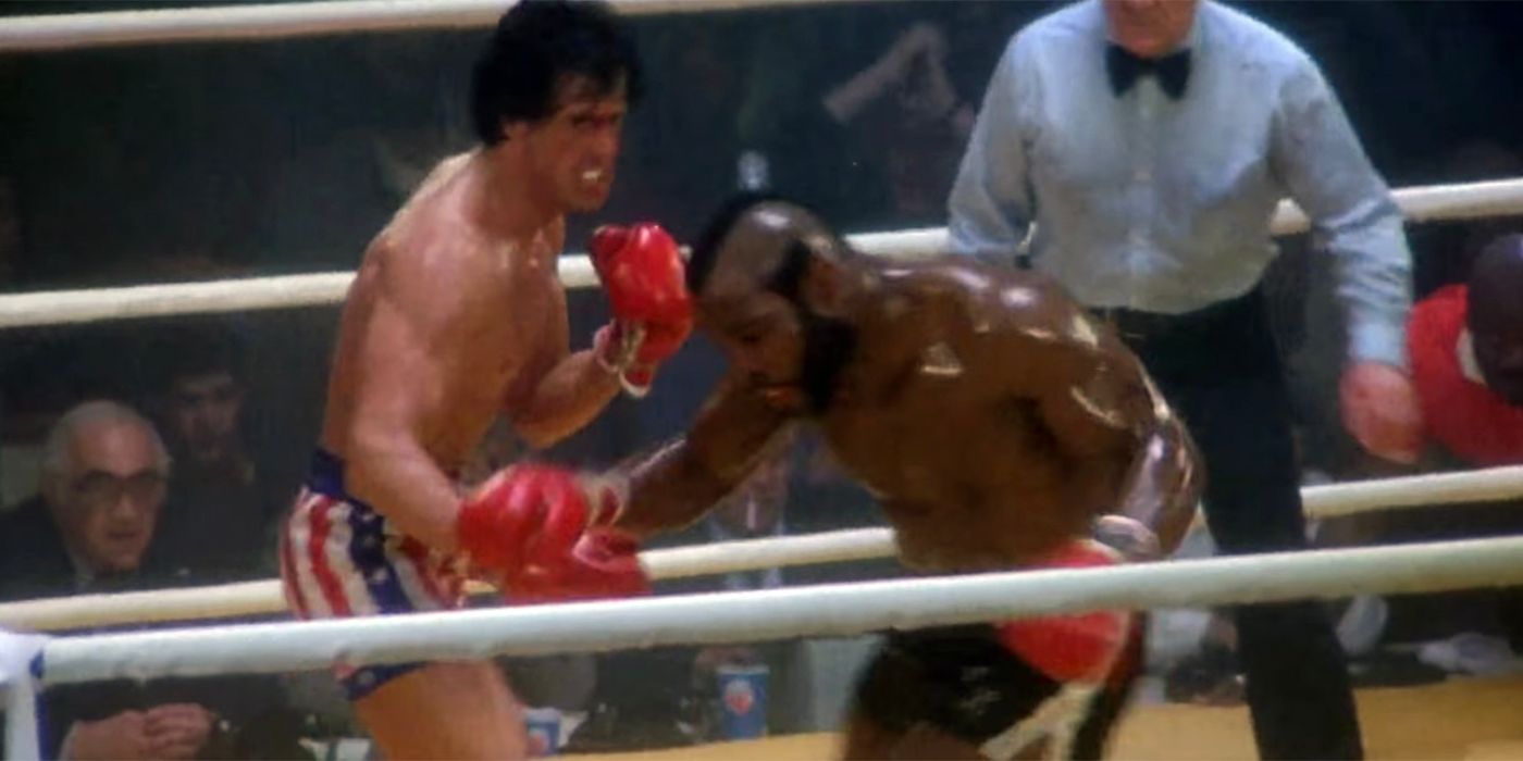Rocky and Clubber Lang fight in the ring in Rocky III