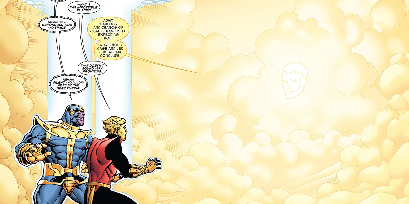 Adam Warlock e Thanos confrontam o One-Above-All, que aparece como uma cabeça flutuante cercada por nuvens douradas