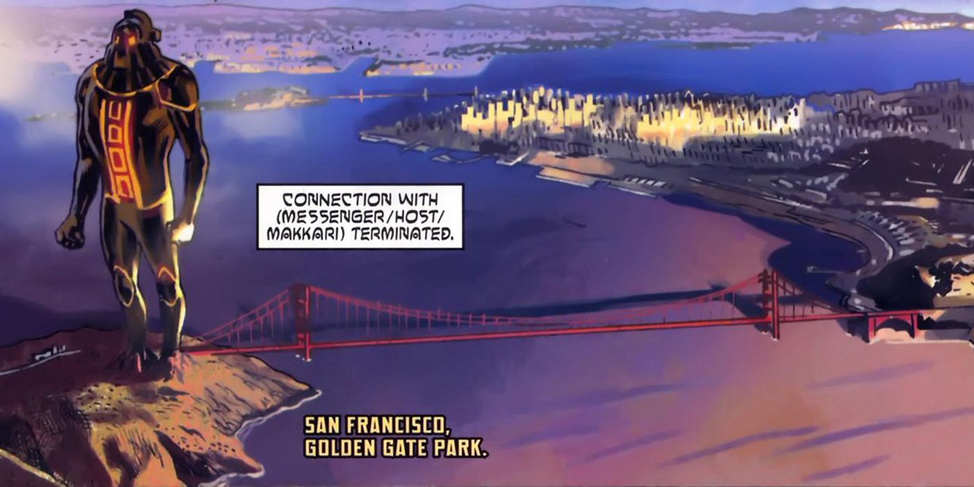 The Dreaming Celestial stands in judgment at the Golden Gate Bridge in Marvel comics