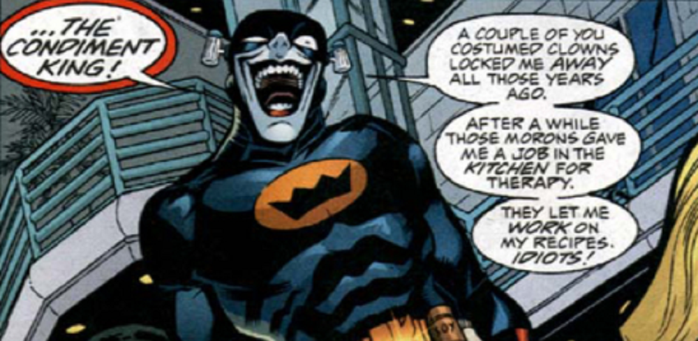 Condiment King dressed in a Batman pastiche costume in DC Comics