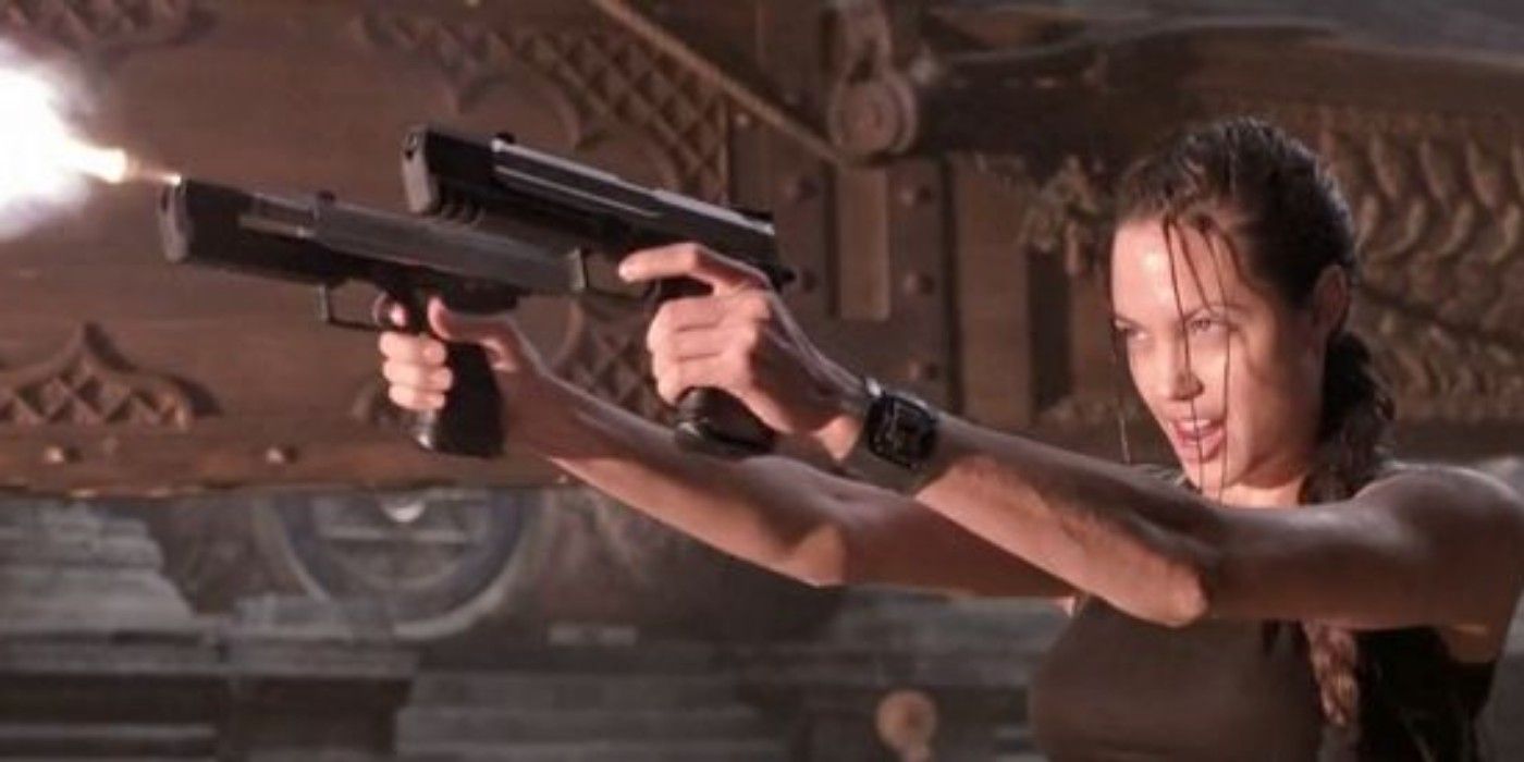 Angelina Jolie's Lara Croft fires guns in 2001's Tomb Raider movie