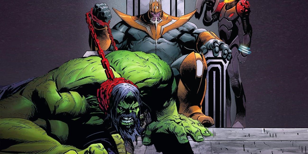 Thanos keeps Hulk on a chain leash