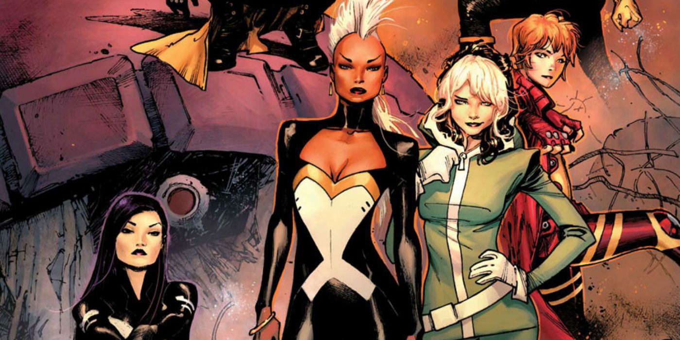 Storm, Rogue, Psylocke and Rachel Summers stand together