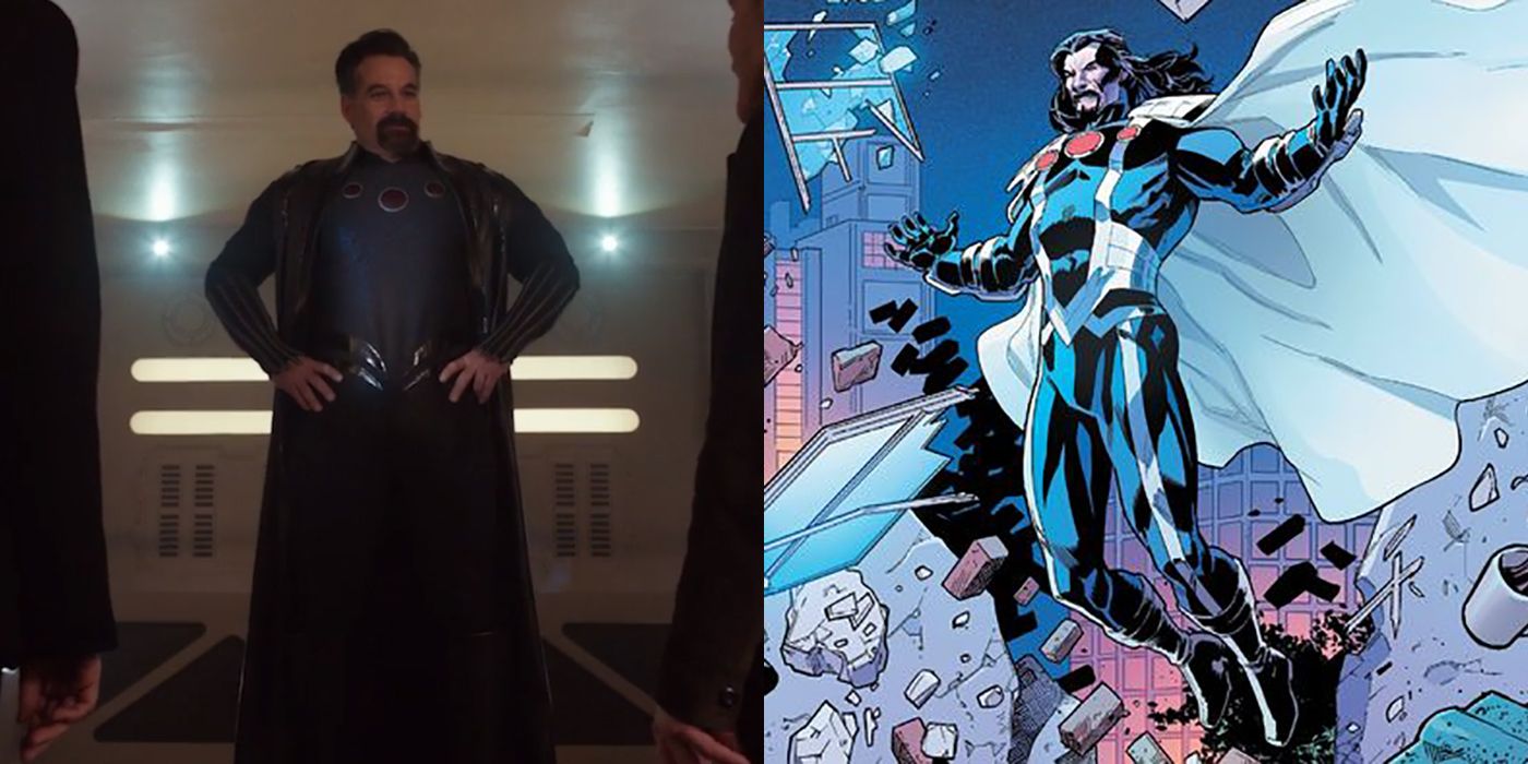 A side-by-side comparison of Agents of SHIELD's Graviton costume and the one from the comics.