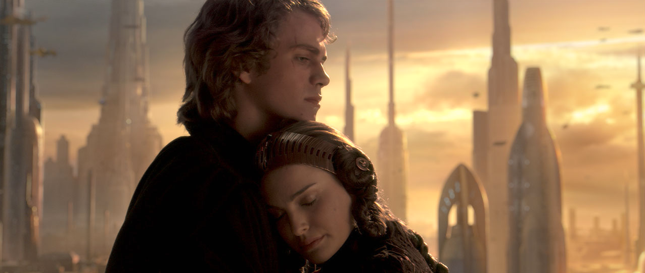 Anakin Skywalker hugs Padme Amidala with Coruscant in Star Wars: Revenge of the Sith