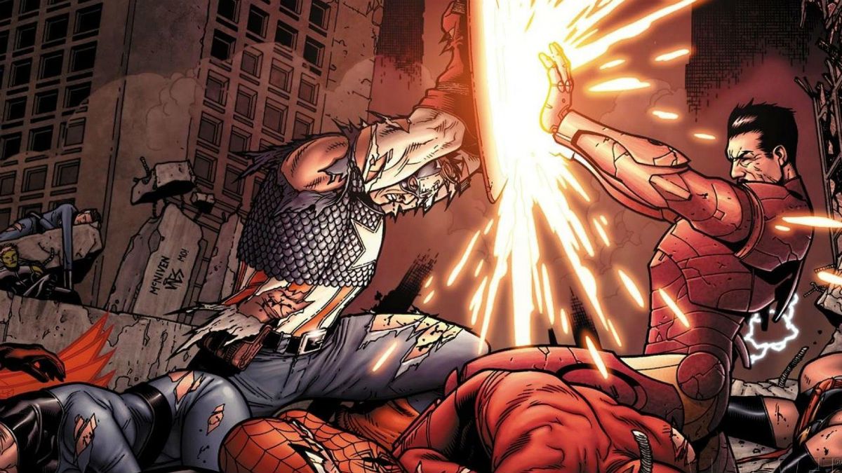 Captain America and Iron Man fight in the Superhero Civil War in Marvel Comics