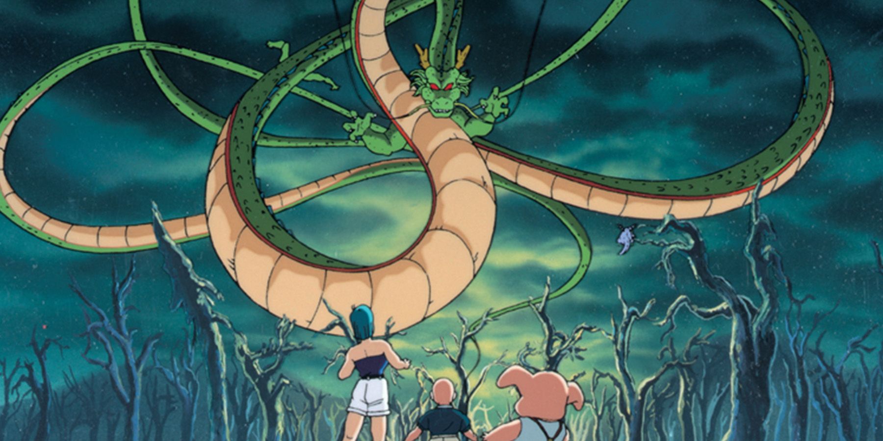 Shenron flying in a black sky in Dragon Ball