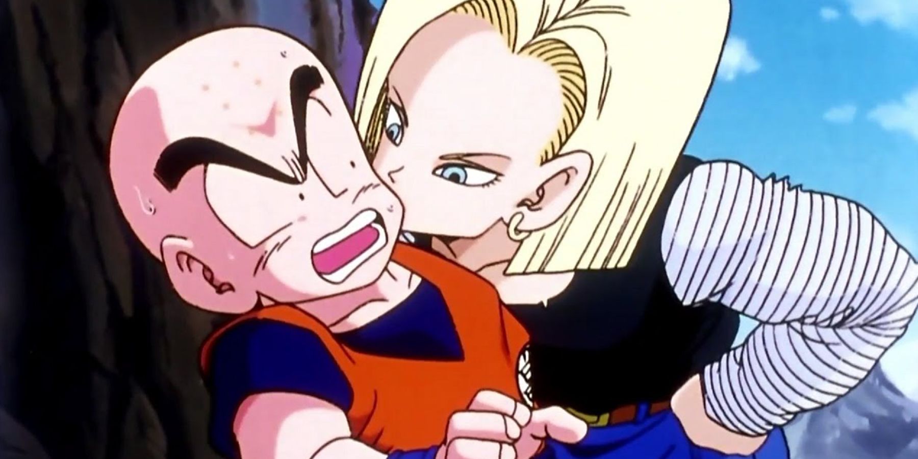 Android 18 kisses Krillin to mess with him in Dragon Ball Z.