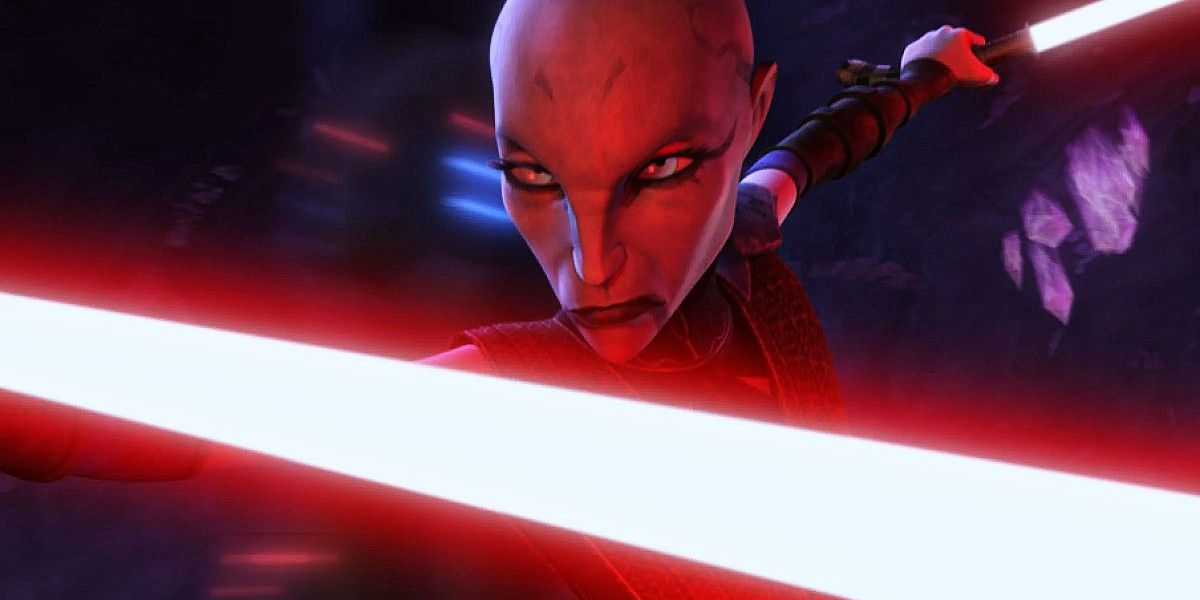 Asajj Ventress wielding her two red lightsabers in Star Wars